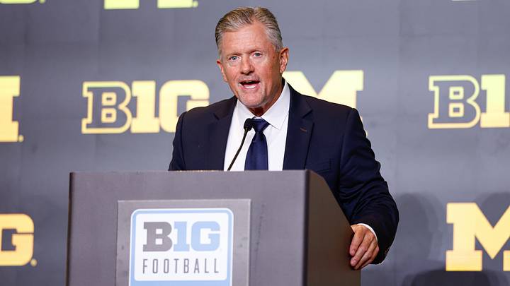 Jul 30, 2026; Chicago, IL, USA; Michigan Football head coach Kyle Whittingham speaks during Big Ten Media Days at Hilton Chicago. Mandatory Credit: Kamil Krzaczynski-Imagn Images