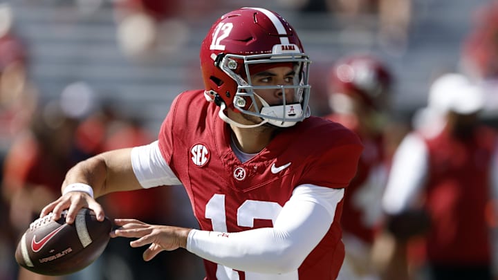Oct 26, 2024; Tuscaloosa, Alabama, USA;  Alabama Crimson Tide quarterback Dylan Lonergan (12) warms up  at Bryant-Denny Stadium. Mandatory Credit: Butch Dill-Imagn Images