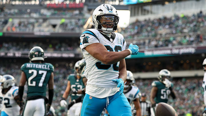 Dec 8, 2024; Philadelphia, Pennsylvania, USA;  Carolina Panthers running back Chuba Hubbard (30) reacts to his touchdown run against the Philadelphia Eagles during the third quarter at Lincoln Financial Field. Mandatory Credit: Bill Streicher-Imagn Images