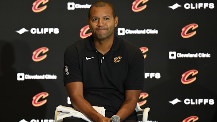 Sep 14, 2022; Cleveland, OH, USA; Cleveland Cavaliers president of basketball operations Koby Altman during an introductory press conference at Rocket Mortgage FieldHouse. Mandatory Credit: David Richard-Imagn Images Sep 14, 2022; Cleveland, OH, USA; Cleveland Cavaliers president of basketball operations Koby Altman during an introductory press conference at Rocket Mortgage FieldHouse. Mandatory Credit: David Richard-Imagn Images