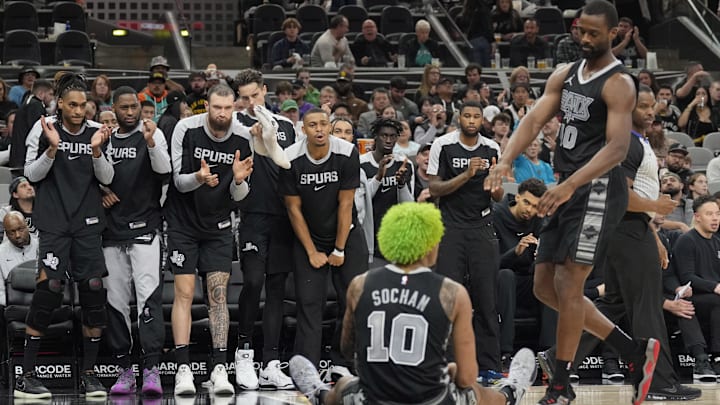 Dec 5, 2024; San Antonio, Texas, USA; San Antonio Spurs bench players react after forward Jeremy Sochan (10) was fouled while scoring in the second half against the Chicago Bulls at Frost Bank Center. Mandatory Credit: Scott Wachter-Imagn Images Dec 5, 2024; San Antonio, Texas, USA; San Antonio Spurs bench players react after forward Jeremy Sochan (10) was fouled while scoring in the second half against the Chicago Bulls at Frost Bank Center. Mandatory Credit: Scott Wachter-Imagn Images