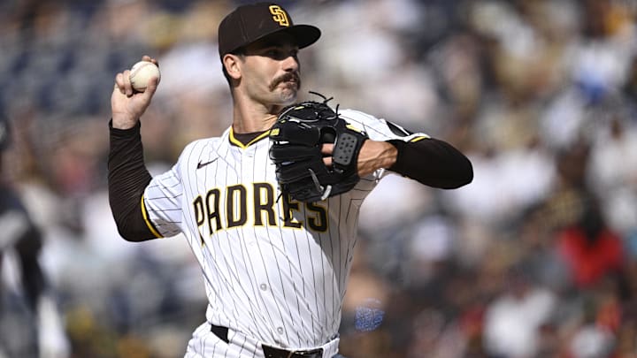Jul 13, 2024; San Diego, California, USA; San Diego Padres starting pitcher Dylan Cease (84) pitches against the Atlanta Braves during the first inning at Petco Park. Mandatory Credit: Orlando Ramirez-USA TODAY Sports 