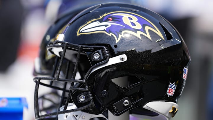 General view of a Baltimore Ravens helmet prior to the game against the Green Bay Packers at Lambeau Field. 