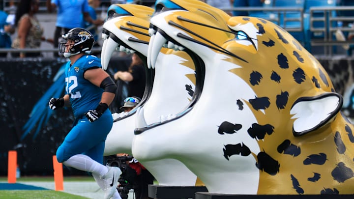 Jacksonville Jaguars offensive tackle Walker Little (72) is introduced before a NFL football game