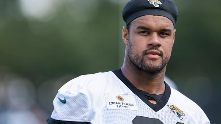 Jul 24, 2025; Jacksonville, FL, USA; Jacksonville Jaguars defensive end Arik Armstead (91) participates in training camp at Miller Electric Center. Mandatory Credit: Nathan Ray Seebeck-Imagn Images Jul 24, 2025; Jacksonville, FL, USA; Jacksonville Jaguars defensive end Arik Armstead (91) participates in training camp at Miller Electric Center. Mandatory Credit: Nathan Ray Seebeck-Imagn Images