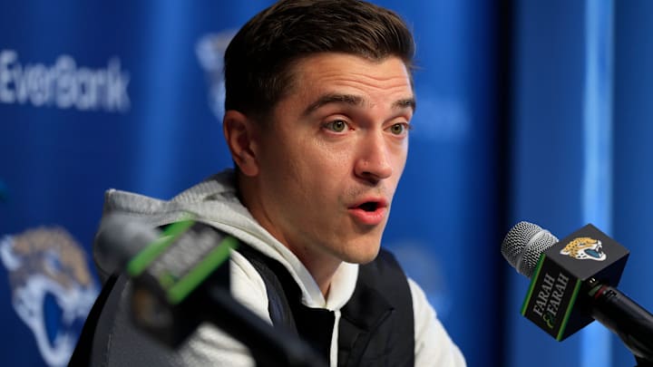 Jacksonville Jaguars general manager James Gladstone speaks during a press conference at the Miller Electric Center, Wednesday, Jan. 14, 2026, in Jacksonville, Fla.
