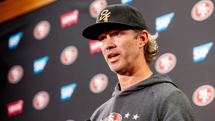 May 10, 2024; Santa Clara, CA, USA;  San Francisco 49ers defensive coordinator Nick Sorensen holds a press conference before the 49ers rookie minicamp at Levi’s Stadium in Santa Clara, CA. Mandatory Credit: Robert Kupbens-USA TODAY Sports