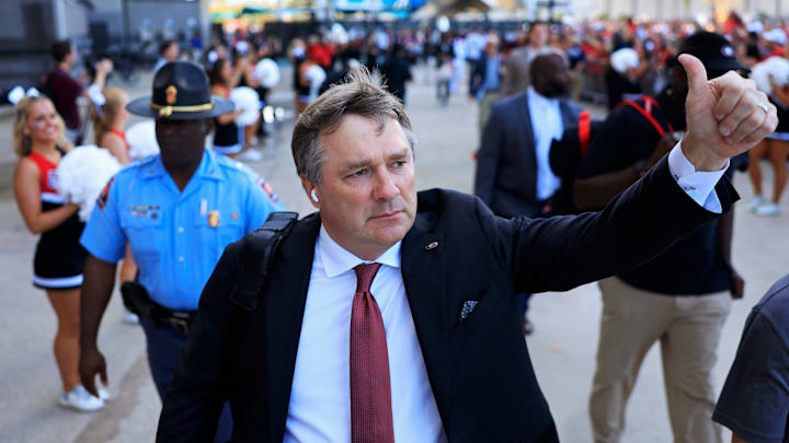 Georgia Bulldogs head coach Kirby Smart gives a thumbs up he arrives for the Dawg Walk before an NCAA college football matchup against the Florida Gators Saturday, Nov. 2, 2024 at EverBank Stadium in Jacksonville, Fla. [Corey Perrine/Florida Times-Union]