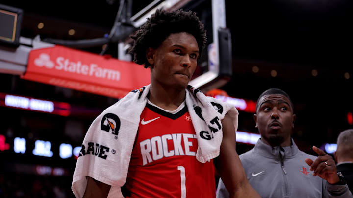 Dec 29, 2024; Houston, Texas, USA; Houston Rockets guard Amen Thompson (1) is escorted off the court after being ejected against the Miami Heat during the fourth quarter at Toyota Center. Mandatory Credit: Erik Williams-Imagn Images Dec 29, 2024; Houston, Texas, USA; Houston Rockets guard Amen Thompson (1) is escorted off the court after being ejected against the Miami Heat during the fourth quarter at Toyota Center. Mandatory Credit: Erik Williams-Imagn Images