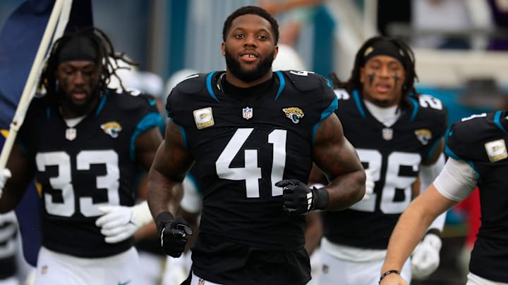 Jacksonville Jaguars defensive end Josh Hines-Allen (41) runs on the field before the game of an NFL football matchup Sunday, Nov. 10, 2024 at Everbank Stadium in Jacksonville, Fla. The Vikings defeated the Jaguars 12-7. [Corey Perrine/Florida Times-Union]