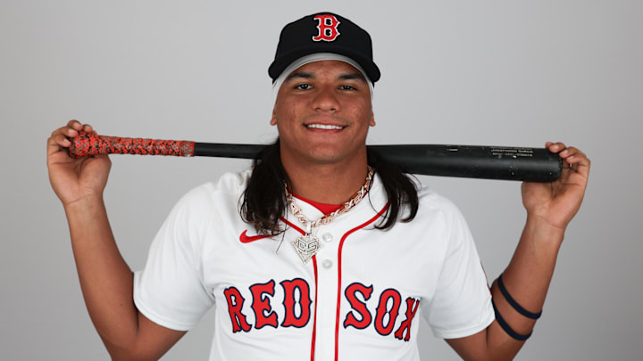 Feb 18, 2025; Lee County, FL, USA; Boston Red Sox outfielder Jhostynxon Garcia (91) participates in media day at JetBlue Park at Fenway South. Mandatory Credit: Nathan Ray Seebeck-Imagn Images Feb 18, 2025; Lee County, FL, USA; Boston Red Sox outfielder Jhostynxon Garcia (91) participates in media day at JetBlue Park at Fenway South. Mandatory Credit: Nathan Ray Seebeck-Imagn Images