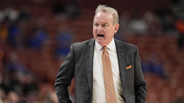 Mar 7, 2025; Greenville, SC, USA; Texas Longhorns head coach Vic Schaefer reacts to play against the Ole Miss Rebels during the first half at Bon Secours Wellness Arena. Mandatory Credit: Jim Dedmon-Imagn Images