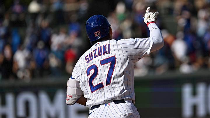Sep 24, 2026; Chicago, Illinois, USA; Chicago Cubs right fielder Seiya Suzuki (27) points after he hit a home run during the fifth inning against the Miami Marlins at Wrigley Field. Mandatory Credit: Matt Marton-Imagn Images Sep 24, 2026; Chicago, Illinois, USA; Chicago Cubs right fielder Seiya Suzuki (27) points after he hit a home run during the fifth inning against the Miami Marlins at Wrigley Field. Mandatory Credit: Matt Marton-Imagn Images