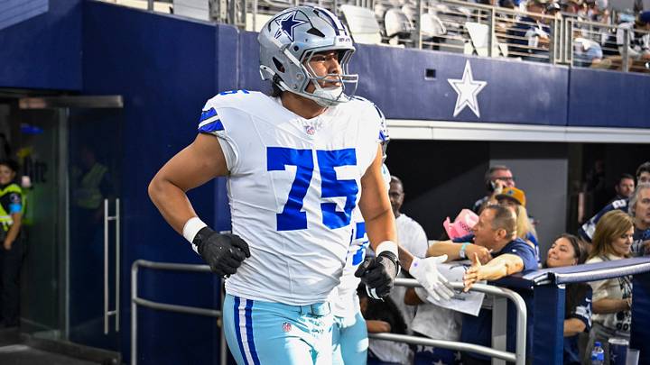 Dallas Cowboys offensive tackle Shiyazh Pete (75) takes the field before the game between the Cowboys and the Saints at AT&T Stadium. Mandatory Credit: Jerome Miron-Imagn Images