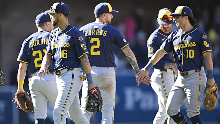 Sep 24, 2025; San Diego, California, USA; Milwaukee Brewers players celebrate after the Brewers beat the San Diego Padres at Petco Park. Mandatory Credit: Denis Poroy-Imagn Images Sep 24, 2025; San Diego, California, USA; Milwaukee Brewers players celebrate after the Brewers beat the San Diego Padres at Petco Park. Mandatory Credit: Denis Poroy-Imagn Images