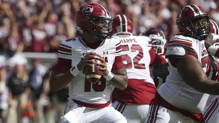 Nov 15, 2025; College Station, Texas, USA; South Carolina Gamecocks quarterback Lanorris Sellers (16) looks for an open receiver against the Texas A&M Aggies during the first quarter at Kyle Field. Mandatory Credit: Troy Taormina-Imagn Images
