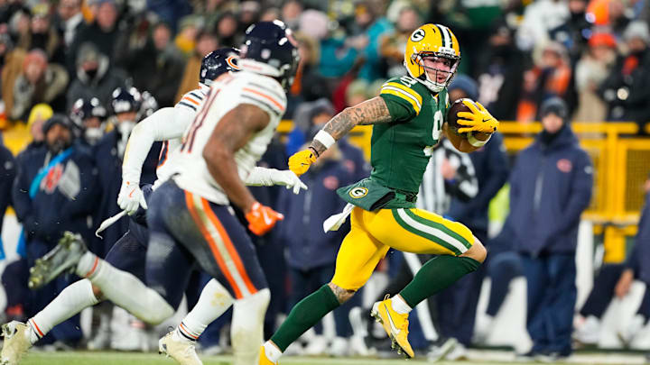 Dec 7, 2025; Green Bay, Wisconsin, USA; Green Bay Packers wide receiver Christian Watson (9) runs with the ball during the third quarter against the Chicago Bears at Lambeau Field. Mandatory Credit: Jeff Hanisch-Imagn Images Dec 7, 2025; Green Bay, Wisconsin, USA; Green Bay Packers wide receiver Christian Watson (9) runs with the ball during the third quarter against the Chicago Bears at Lambeau Field. Mandatory Credit: Jeff Hanisch-Imagn Images