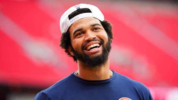 Chicago Bears quarterback Caleb Williams warms up before a preseason game. Chicago Bears quarterback Caleb Williams warms up before a preseason game.