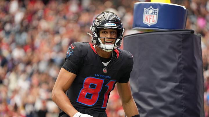 Oct 26, 2025; Houston, Texas, USA; Houston Texans wide receiver Jayden Higgins (81) reacts after catching a pass for a touchdown during the second quarter against the San Francisco 49ers at NRG Stadium. Mandatory Credit: Sean Thomas-Imagn Images Oct 26, 2025; Houston, Texas, USA; Houston Texans wide receiver Jayden Higgins (81) reacts after catching a pass for a touchdown during the second quarter against the San Francisco 49ers at NRG Stadium. Mandatory Credit: Sean Thomas-Imagn Images
