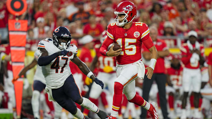 Ruben Hyppolite II pursues Patrick Mahomes in preseason. Hyppolite might be forced into a starting role Sunday due to injuries.