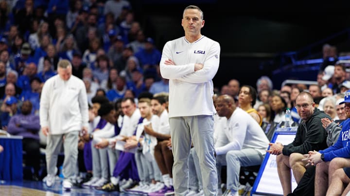 Mar 4, 2025; Lexington, Kentucky, USA; LSU Tigers head coach Matt McMahon looks on during the first half against the Kentucky Wildcats at Rupp Arena at Central Bank Center. Mandatory Credit: Jordan Prather-Imagn Images Mar 4, 2025; Lexington, Kentucky, USA; LSU Tigers head coach Matt McMahon looks on during the first half against the Kentucky Wildcats at Rupp Arena at Central Bank Center. Mandatory Credit: Jordan Prather-Imagn Images
