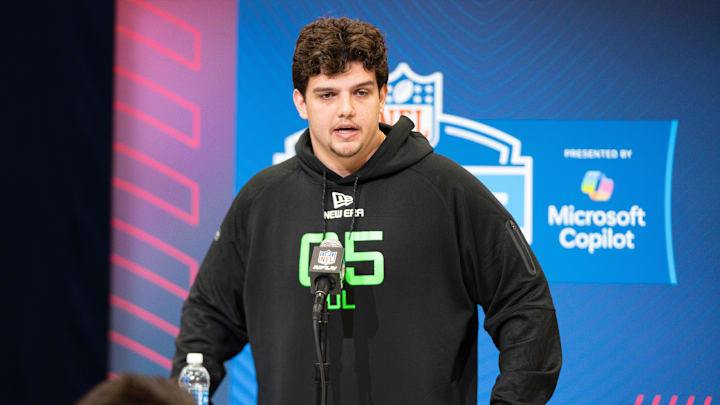 Mar 1, 2025; Indianapolis, IN, USA; Louisiana State University offensive lineman Will Campbell (OL05) answers questions at a press conference during the 2025 NFL Combine at Indiana Convention Center. Mandatory Credit: Jacob Musselman-Imagn Images