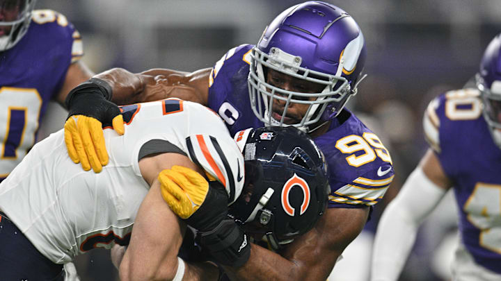 Nov 27, 2023; Minneapolis, Minnesota, USA; Minnesota Vikings linebacker Danielle Hunter (99) tackles