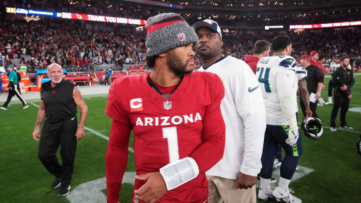 Jan 7, 2024; Glendale, Arizona, USA; Arizona Cardinals quarterback Kyler Murray (1) reacts after the game against the Seattle Seahawks at State Farm Stadium. Mandatory Credit: Joe Camporeale-USA TODAY Sports Jan 7, 2024; Glendale, Arizona, USA; Arizona Cardinals quarterback Kyler Murray (1) reacts after the game against the Seattle Seahawks at State Farm Stadium. Mandatory Credit: Joe Camporeale-USA TODAY Sports