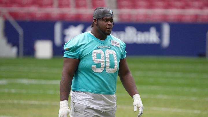 Miami Dolphins defensive tackle Kenneth Grant (90) during practice at Estadio Riyadh Air Metropolitano during the 2025 season.