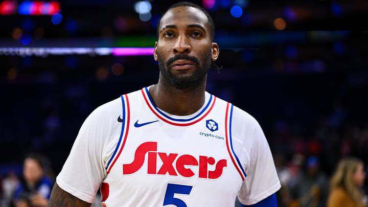 Nov 24, 2024; Philadelphia, Pennsylvania, USA; Philadelphia 76ers center Andre Drummond (5) looks on after the game against the Los Angeles Clippers at Wells Fargo Center. Mandatory Credit: Kyle Ross-Imagn Images