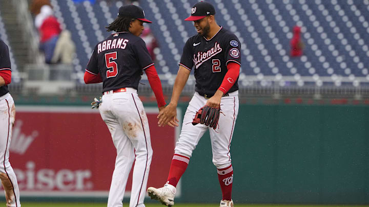 Jun 21, 2023; Washington, District of Columbia, USA; Washington Nationals shortstop CJ Abrams (5) and second baseman Luis Garcia (2) celebrate the victory after the game at Nationals Park.