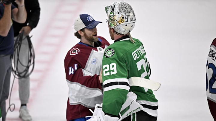 May 3, 2025; Dallas, Texas, USA; Colorado Avalanche goaltender Scott Wedgewood (41) shakes hands with Dallas Stars goaltender Jake Oettinger (29) after the Stars defeats the Avalanche in game seven of the first round of the 2025 Stanley Cup Playoffs at American Airlines Center. Mandatory Credit: Jerome Miron-Imagn Images