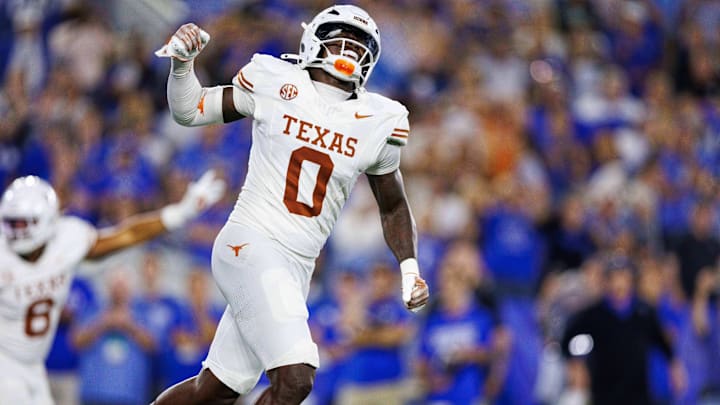 Oct 18, 2025; Lexington, Kentucky, USA; Texas Longhorns linebacker Anthony Hill Jr. (0) celebrates after the Kentucky Wildcats fail to score in overtime at Kroger Field. Mandatory Credit: Jordan Prather-Imagn Images
