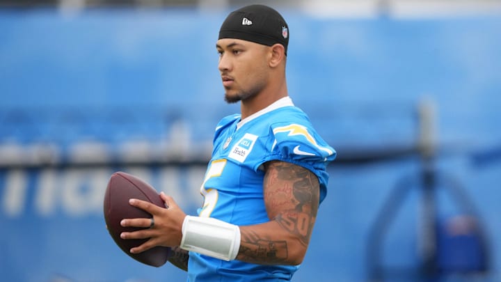 Los Angeles Chargers quarterback Trey Lance at training camp at The Bolt. 