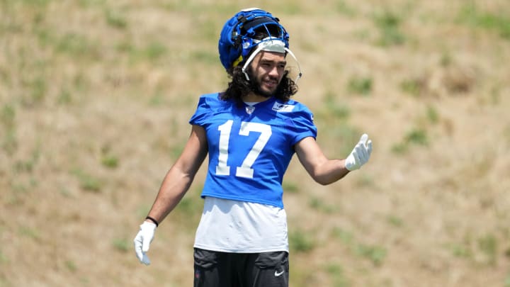 May 21, 2024, Thousand Oaks, California, USA; Los Angeles Rams wide receiver Puka Nacua (17) during organized team activities at Cal Lutheran University. Mandatory Credit: Kirby Lee-USA TODAY Sports