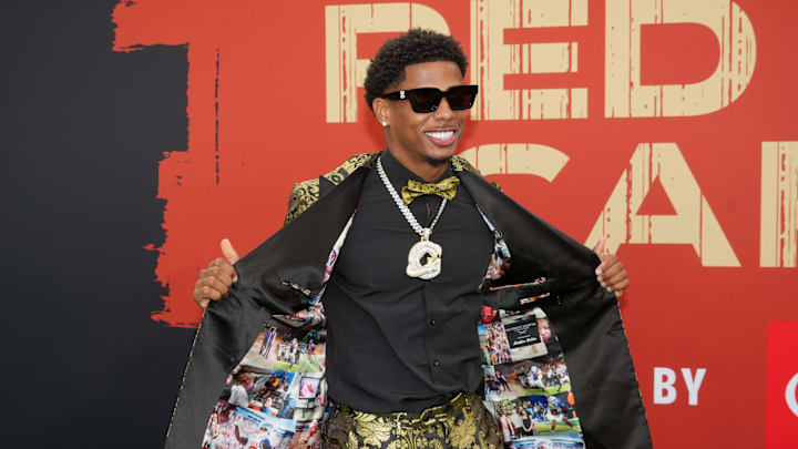 Green Bay Packers first-round pick Matthew Golden on the red carpet before the 2025 NFL Draft at Lambeau Field. 