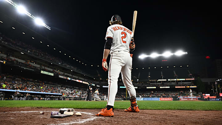 Sep 9, 2025; Baltimore, Maryland, USA;  Baltimore Orioles shortstop Gunnar Henderson (2) stands in the on deck circle during the sixth inning against the Pittsburgh Pirates at Oriole Park at Camden Yards. Mandatory Credit: James A. Pittman-Imagn Images