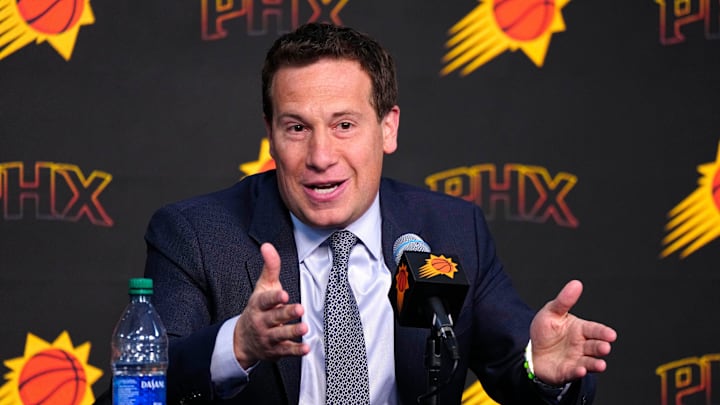 Suns owner Mat Ishbia speaks with the press during a news conference at Footprint Center in Phoenix on May 1, 2024.
