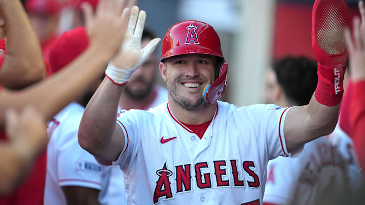 Jun 28, 2023; Anaheim, California, USA; Los Angeles Angels center fielder Mike Trout (27) celebrates
