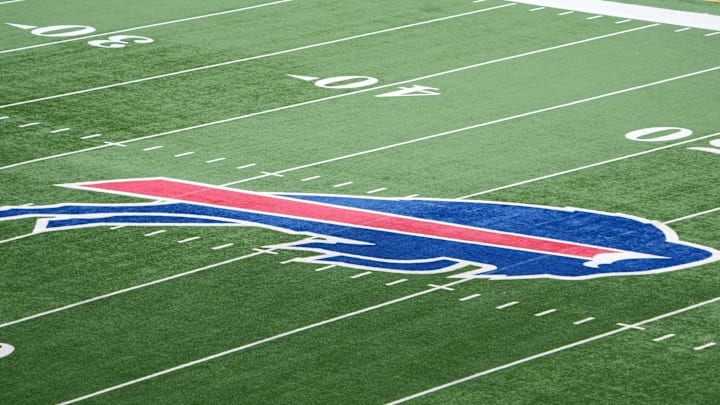 Jan 15, 2024; Orchard Park, New York, USA; The Buffalo Bills logo at midfield at a 2024 AFC wild card game at Highmark Stadium. Mandatory Credit: Kirby Lee-Imagn Images