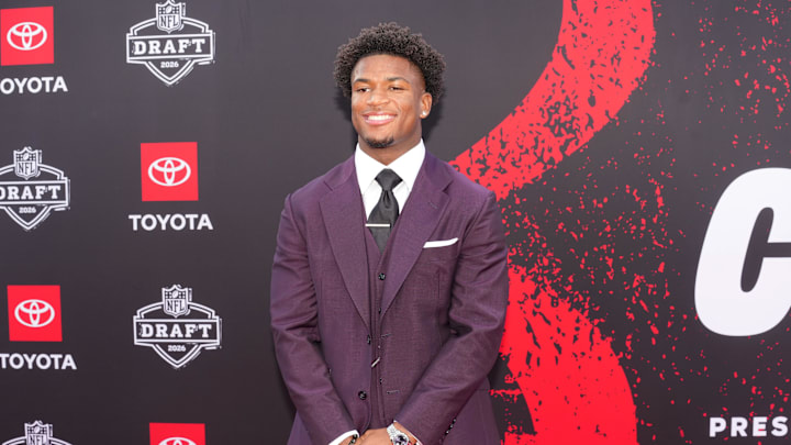 Ohio State Buckeyes defensive back Caleb Downs poses on the red carpet before the 2026 NFL Draft at Point State Park