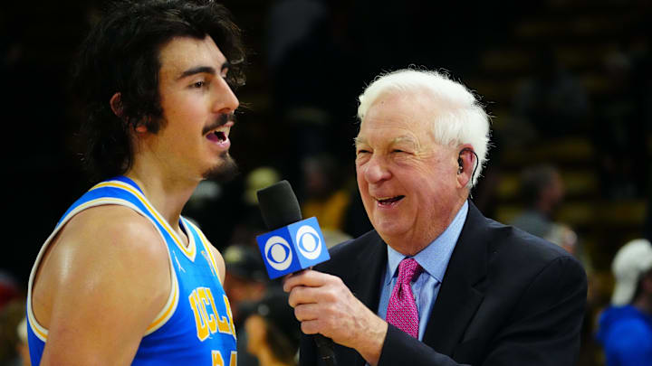 Feb 26, 2023; Boulder, Colorado, USA; UCLA Bruins guard Jaime Jaquez Jr. (24) is interviewed by CBS broadcaster Bill Raftery following the win over the Colorado Buffaloes at the CU Events Center. Mandatory Credit: Ron Chenoy-Imagn Images Feb 26, 2023; Boulder, Colorado, USA; UCLA Bruins guard Jaime Jaquez Jr. (24) is interviewed by CBS broadcaster Bill Raftery following the win over the Colorado Buffaloes at the CU Events Center. Mandatory Credit: Ron Chenoy-Imagn Images