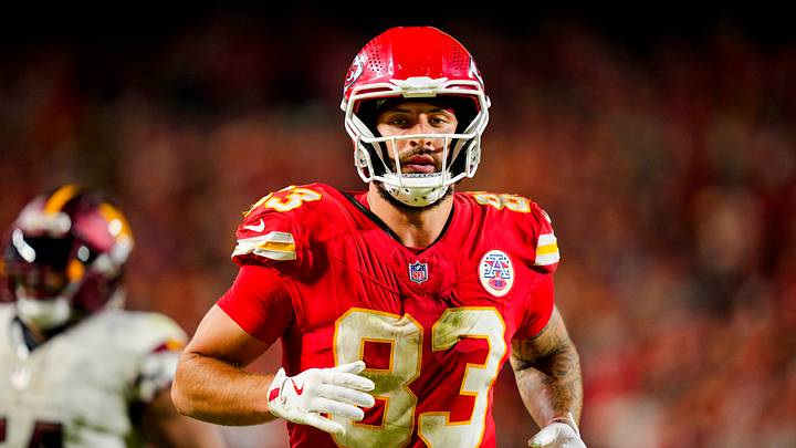 Oct 27, 2025; Kansas City, Missouri, USA; Kansas City Chiefs tight end Noah Gray (83) reacts during the second half against the Washington Commanders at GEHA Field at Arrowhead Stadium. Mandatory Credit: Jay Biggerstaff-Imagn Images Oct 27, 2025; Kansas City, Missouri, USA; Kansas City Chiefs tight end Noah Gray (83) reacts during the second half against the Washington Commanders at GEHA Field at Arrowhead Stadium. Mandatory Credit: Jay Biggerstaff-Imagn Images