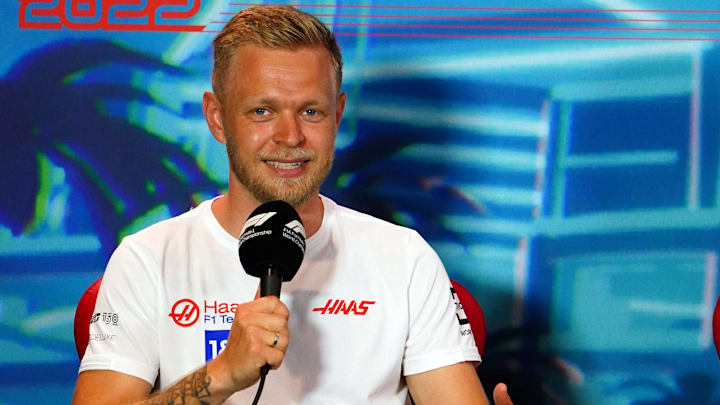 May 6, 2022; Miami Gardens, Florida, USA; Haas driver Kevin Magnussen of Denmark talks with the media during a press conference before their practice session for the Miami Grand Prix at Miami International Autodrome. Mandatory Credit: John David Mercer-USA TODAY Sports May 6, 2022; Miami Gardens, Florida, USA; Haas driver Kevin Magnussen of Denmark talks with the media during a press conference before their practice session for the Miami Grand Prix at Miami International Autodrome. Mandatory Credit: John David Mercer-USA TODAY Sports