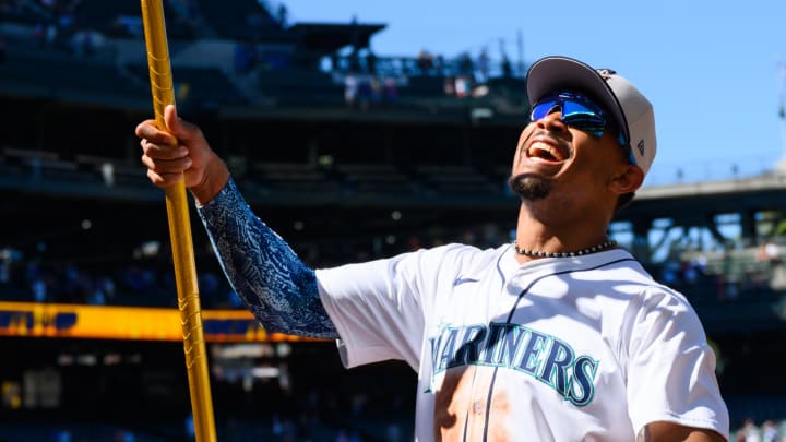 Seattle Mariners center fielder Julio Rodriguez (44) celebrates with the fans after the Mariners defeated the Baltimore Orioles on Thursday at T-Mobile Park.