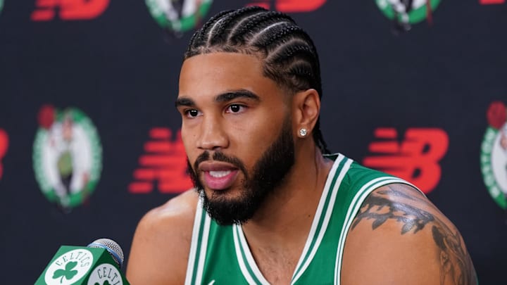 Sep 29, 2025; Boston, MA, USA;Boston Celtics forward Jayson Tatum (0) talks with reporters during media day at the Auerbach Center. Mandatory Credit: David Butler II-Imagn Images
