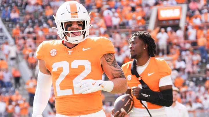Tennessee linebacker Jeremiah Telander (22) before a college football game between Tennessee and Arkansas at Neyland Stadium in Knoxville, Tennessee on Oct. 11, 2025.