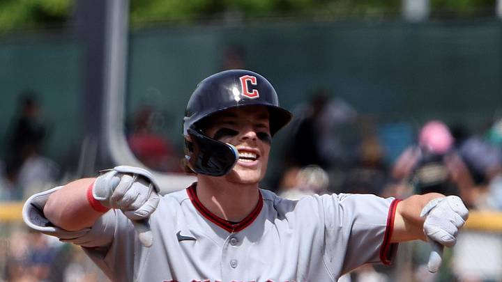May 2, 2026; West Sacramento, California, USA; Cleveland Guardians second baseman Travis Bazzana (37) reacts after hitting his first career base hit against the Athletics during the seventh inning at Sutter Health Park. Mandatory Credit: Dennis Lee-Imagn Images