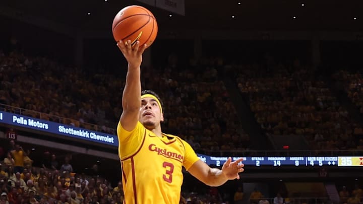 Feb 16, 2026; Ames, Iowa, USA; Iowa State Cyclones guard Tamin Lipsey (3) scores against the Houston Cougars during the first half at James H. Hilton Coliseum.