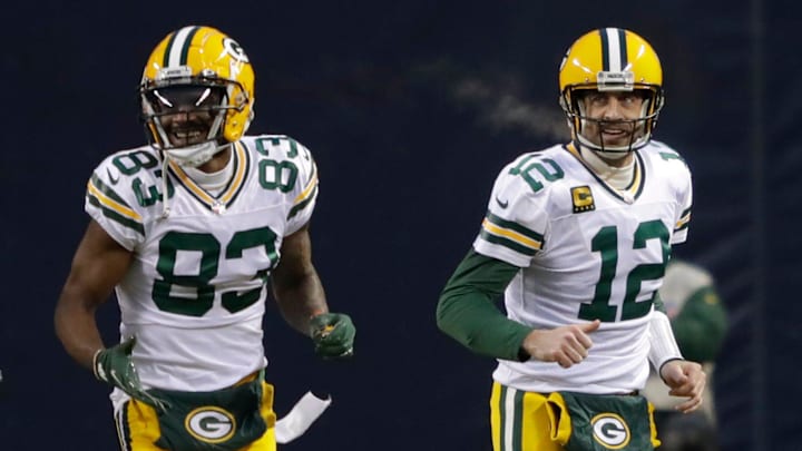 Green Bay Packers quarterback Aaron Rodgers (12) celebrates a touchdown catch with wide receiver Marquez Valdes-Scantling (83) against the Chicago Bears during their football game Sunday, Jan. 3, 2021, at Soldier Field in Chicago, Ill. 
Dan Powers/USA TODAY NETWORK-Wisconsin

Apc Packvsbears 0103210322djp
